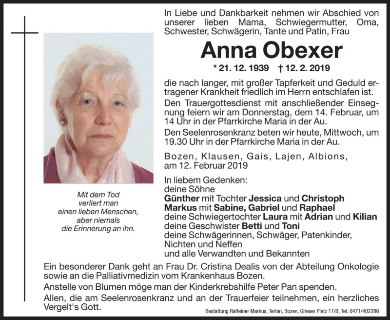  Traueranzeige für Anna Obexer vom 13.02.2019 aus Dolomiten