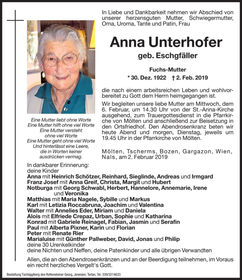  Traueranzeige für Anna Unterhofer vom 04.02.2019 aus Dolomiten