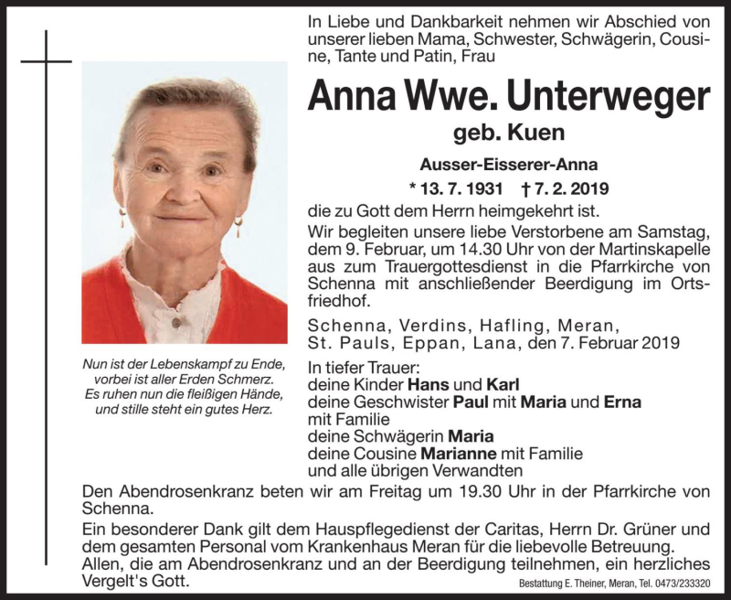  Traueranzeige für Anna Unterweger vom 08.02.2019 aus Dolomiten