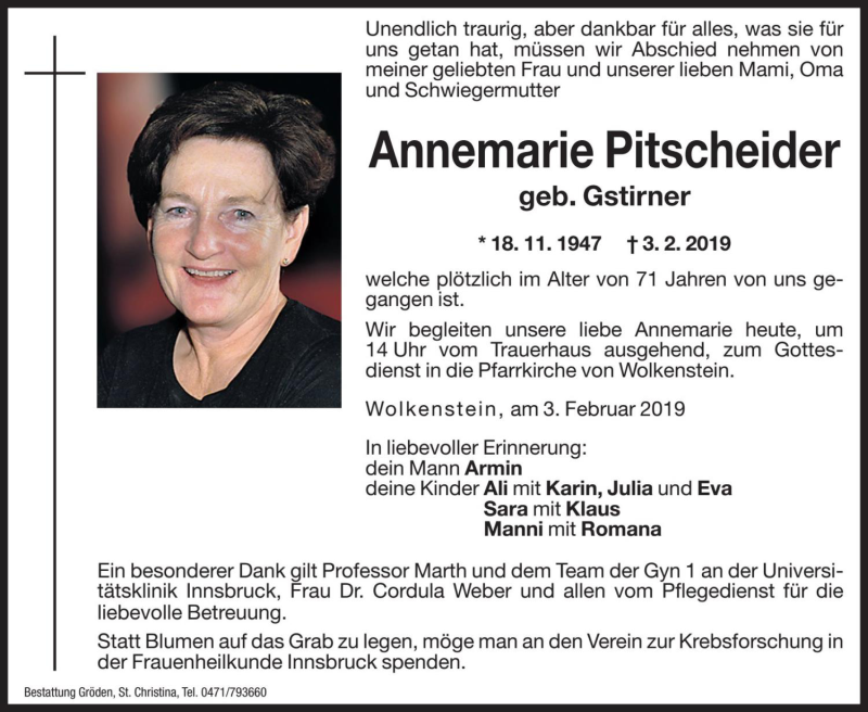  Traueranzeige für Annemarie Pitscheider vom 05.02.2019 aus Dolomiten