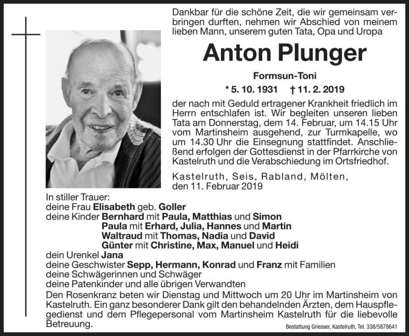  Traueranzeige für Anton Plunger vom 12.02.2019 aus Dolomiten