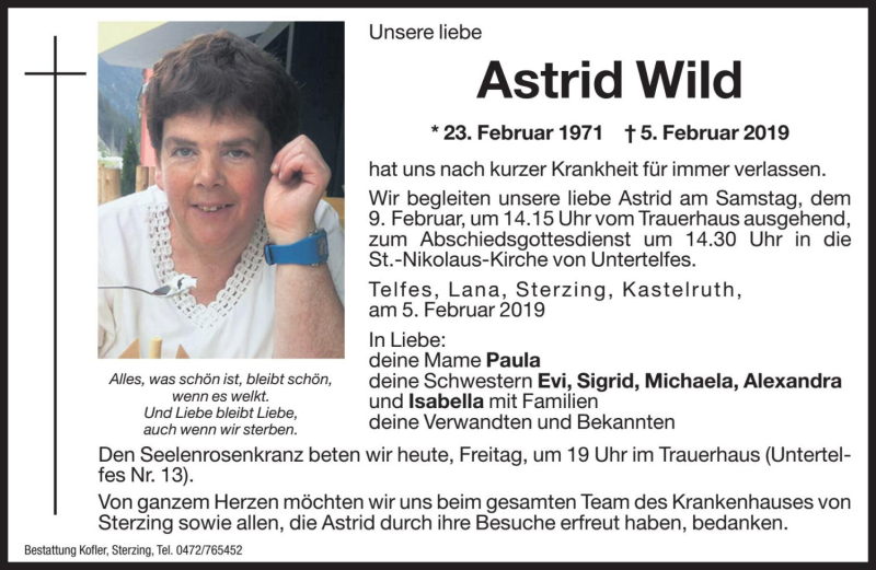  Traueranzeige für Astrid Wild vom 08.02.2019 aus Dolomiten