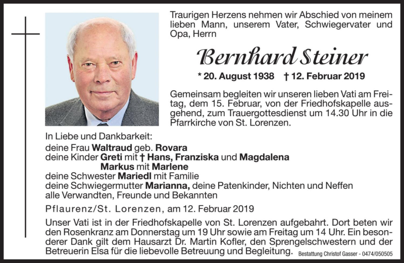  Traueranzeige für Bernhard Steiner vom 14.02.2019 aus Dolomiten