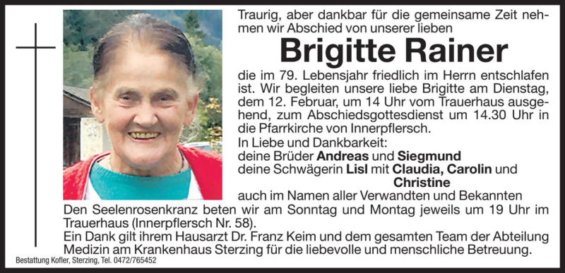  Traueranzeige für Brigitte Rainer vom 09.02.2019 aus Dolomiten