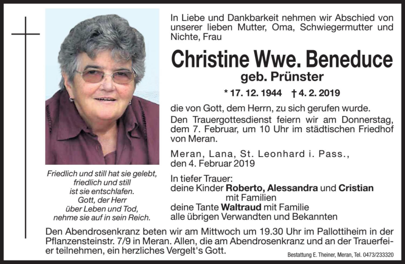  Traueranzeige für Christine Beneduce vom 06.02.2019 aus Dolomiten