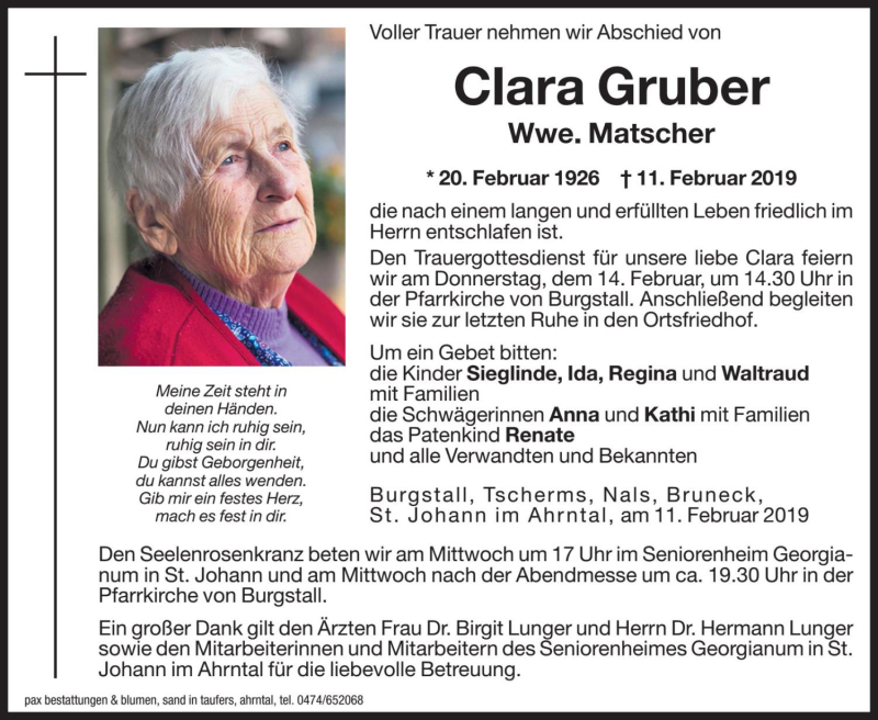  Traueranzeige für Clara Matscher vom 13.02.2019 aus Dolomiten