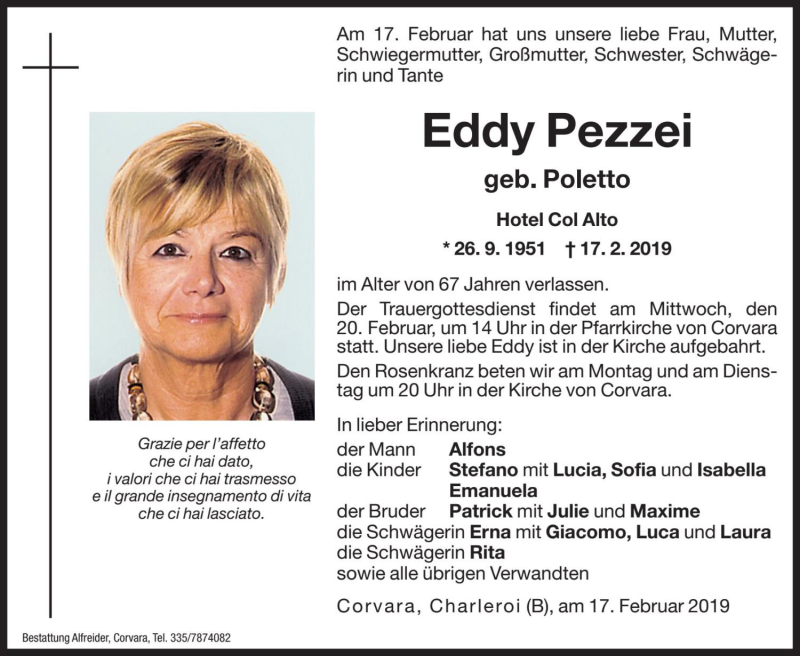  Traueranzeige für Eddy Pezzei vom 19.02.2019 aus Dolomiten
