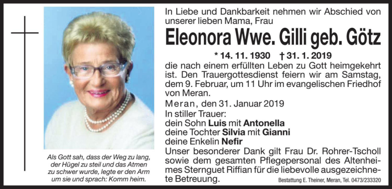  Traueranzeige für Eleonora Gilli vom 07.02.2019 aus Dolomiten