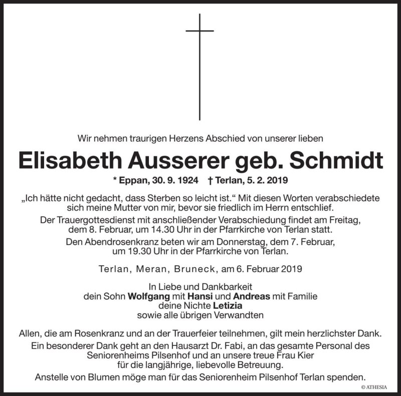  Traueranzeige für Elisabeth Ausserer vom 07.02.2019 aus Dolomiten