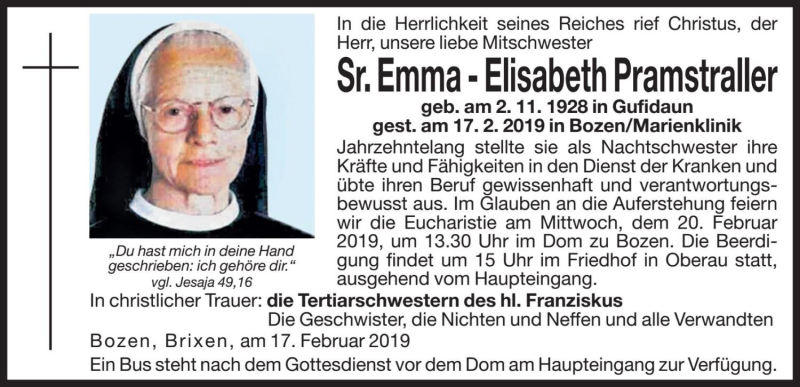  Traueranzeige für Elisabeth Pramstraller vom 19.02.2019 aus Dolomiten