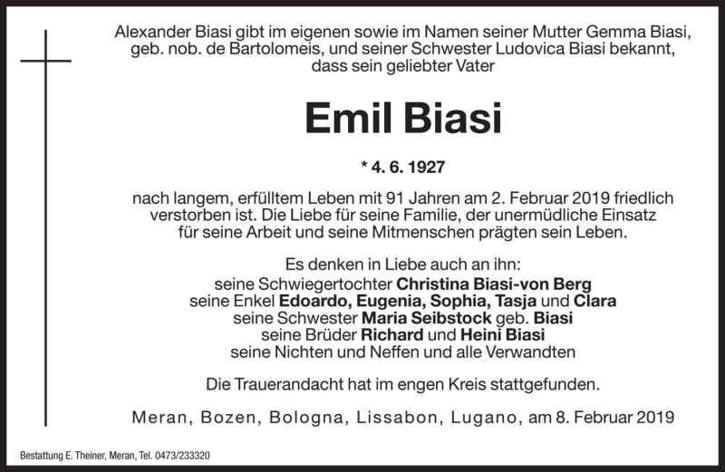  Traueranzeige für Emil Biasi vom 08.02.2019 aus Dolomiten