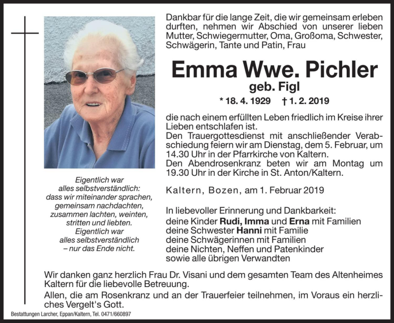  Traueranzeige für Emma Pichler vom 02.02.2019 aus Dolomiten