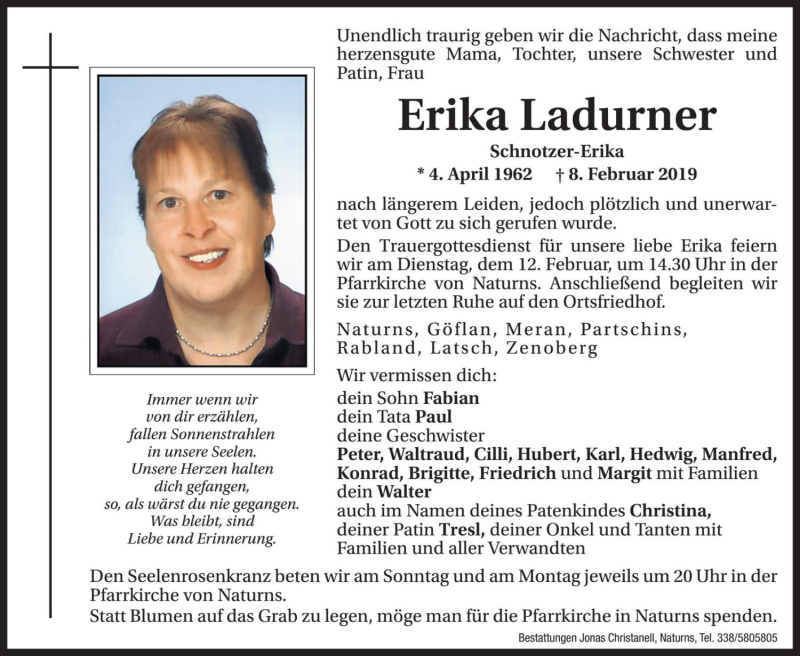  Traueranzeige für Erika Ladurner vom 09.02.2019 aus Dolomiten