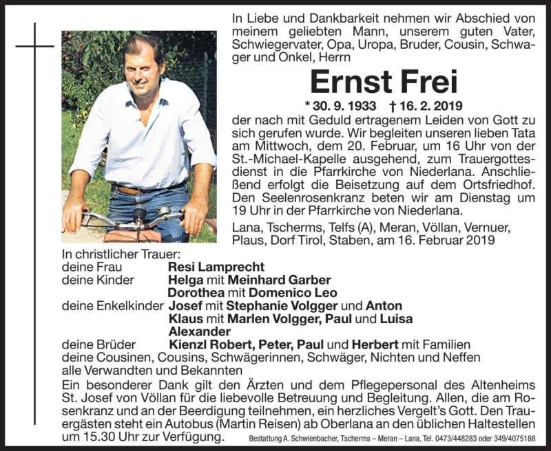  Traueranzeige für Ernst Frei vom 18.02.2019 aus Dolomiten