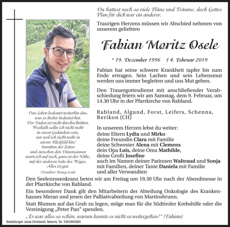  Traueranzeige für Fabian Moritz Osele vom 07.02.2019 aus Dolomiten