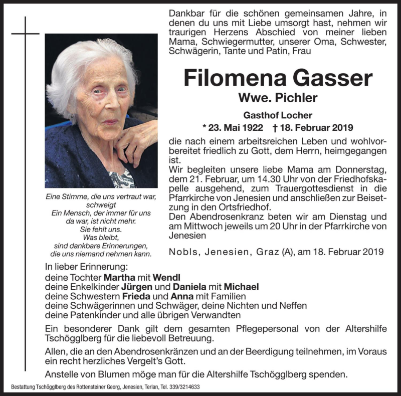  Traueranzeige für Filomena Pichler vom 19.02.2019 aus Dolomiten