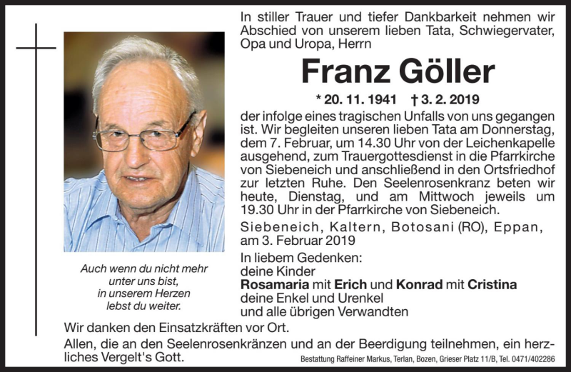  Traueranzeige für Franz Göller vom 05.02.2019 aus Dolomiten