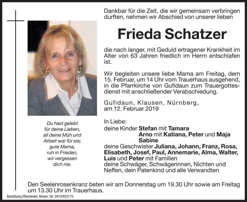  Traueranzeige für Frieda Schatzer vom 14.02.2019 aus Dolomiten