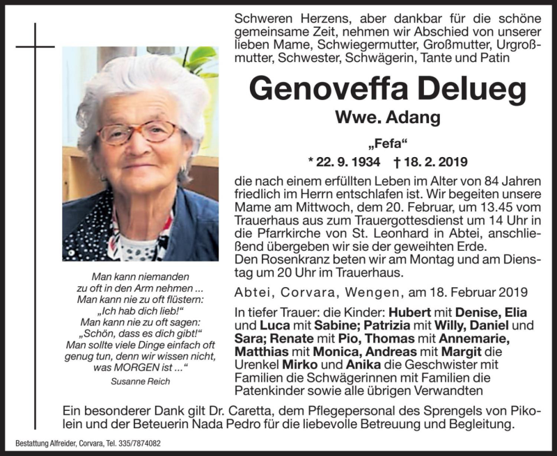  Traueranzeige für Genoveffa Adang vom 19.02.2019 aus Dolomiten