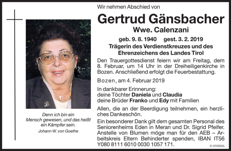  Traueranzeige für Gertrud Calenzani vom 06.02.2019 aus Dolomiten