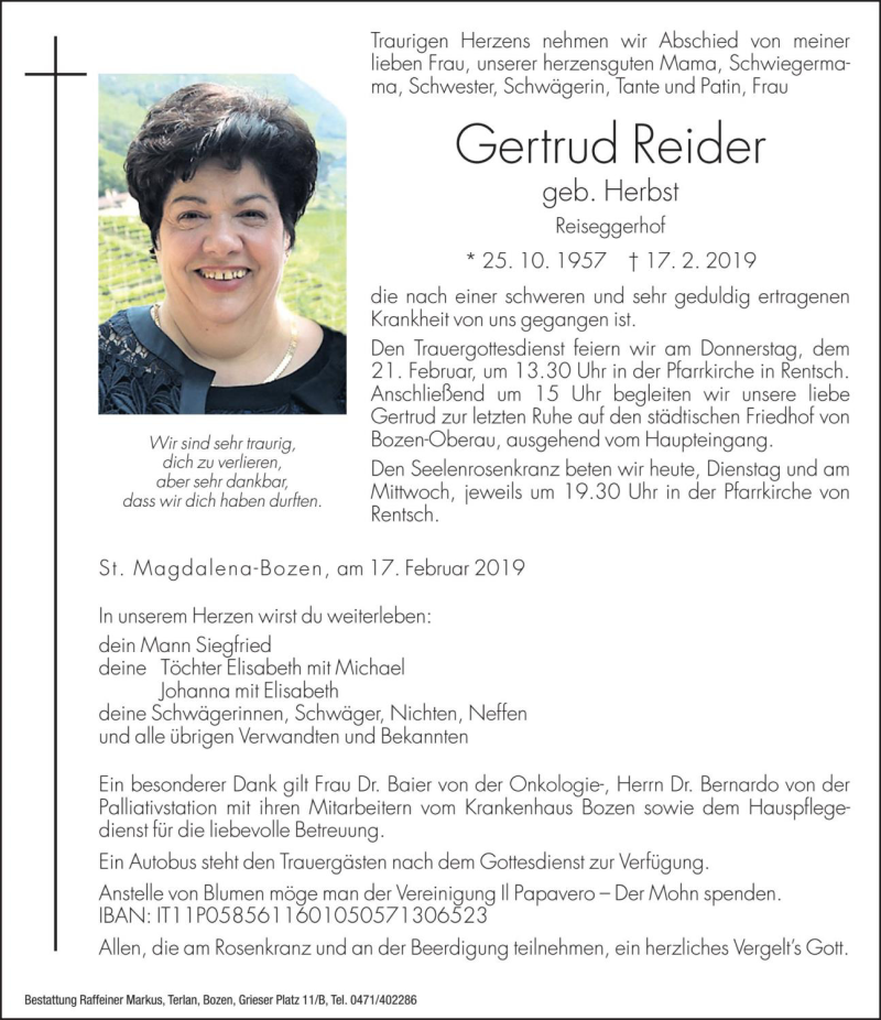  Traueranzeige für Gertrud Reider vom 19.02.2019 aus Dolomiten