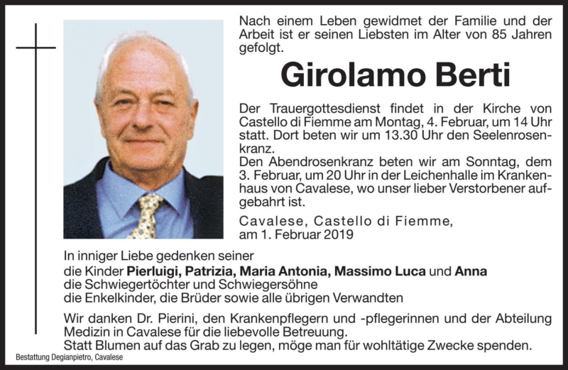  Traueranzeige für Girolamo Berti vom 02.02.2019 aus Dolomiten