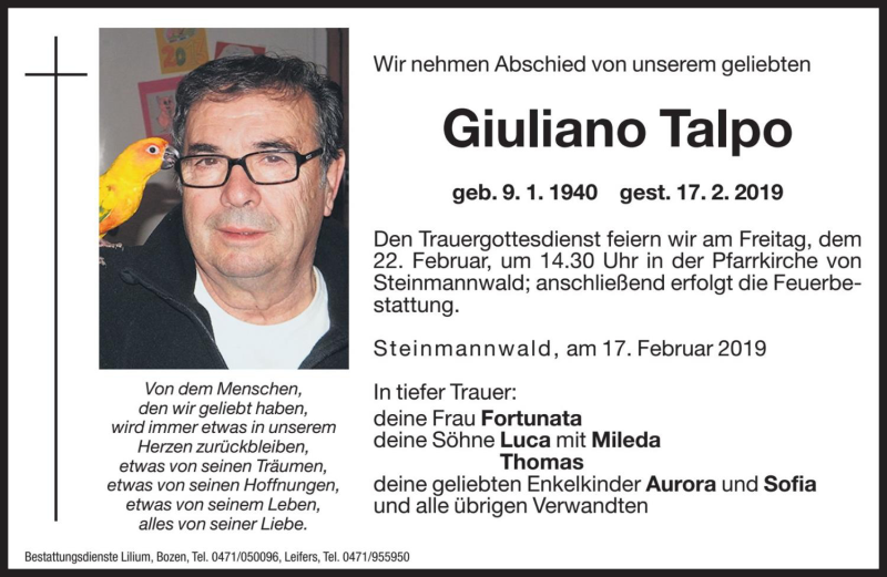  Traueranzeige für Giuliano Talpo vom 21.02.2019 aus Dolomiten