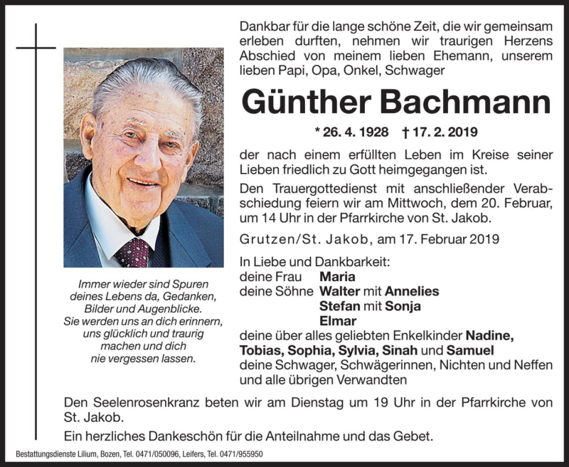  Traueranzeige für Günther Bachmann  vom 19.02.2019 aus Dolomiten