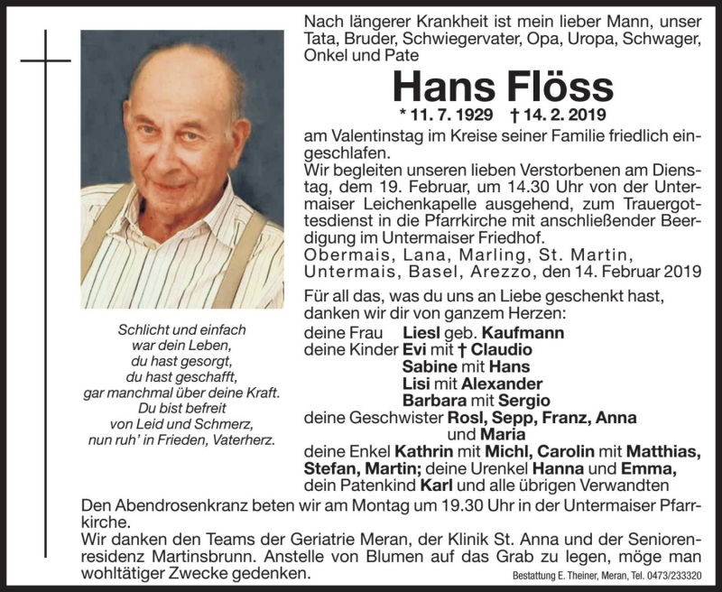  Traueranzeige für Hans Flöss vom 16.02.2019 aus Dolomiten