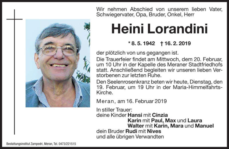 Traueranzeige für Heini Lorandini vom 19.02.2019 aus Dolomiten