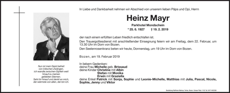  Traueranzeige für Heinz Mayr vom 21.02.2019 aus Dolomiten