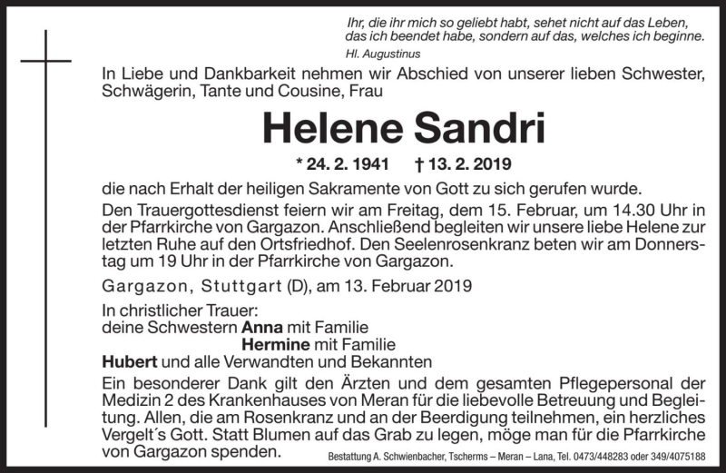  Traueranzeige für Helene Sandri vom 14.02.2019 aus Dolomiten