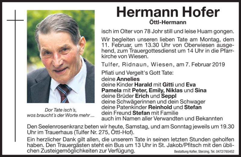  Traueranzeige für Hermann Hofer vom 09.02.2019 aus Dolomiten