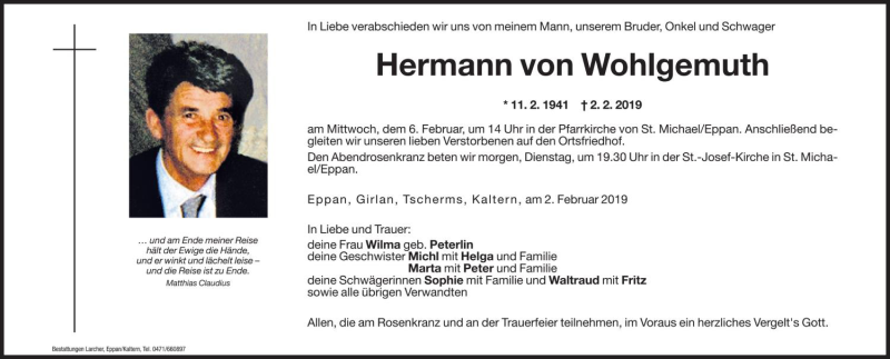 Traueranzeige für Hermann von Wohlgemuth vom 04.02.2019 aus Dolomiten