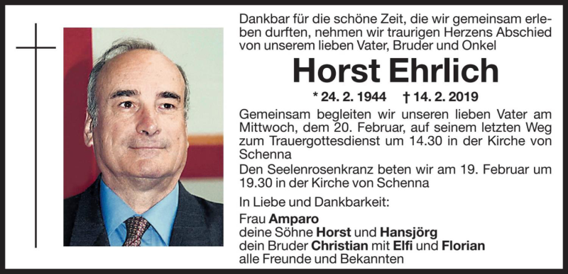  Traueranzeige für Horst Ehrlich vom 19.02.2019 aus Dolomiten