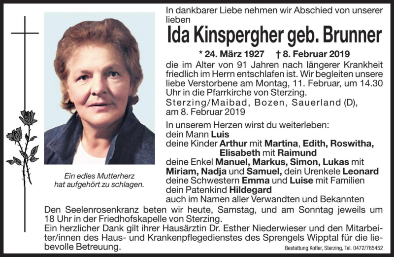  Traueranzeige für Ida Kinspergher vom 09.02.2019 aus Dolomiten
