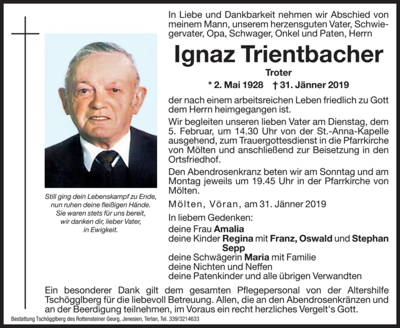  Traueranzeige für Ignaz Trientbacher vom 02.02.2019 aus Dolomiten