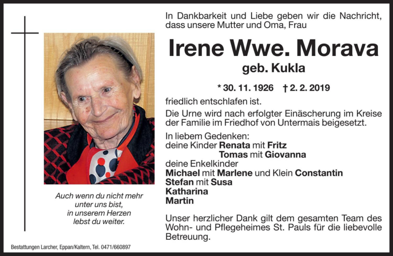  Traueranzeige für Irene Morava vom 04.02.2019 aus Dolomiten