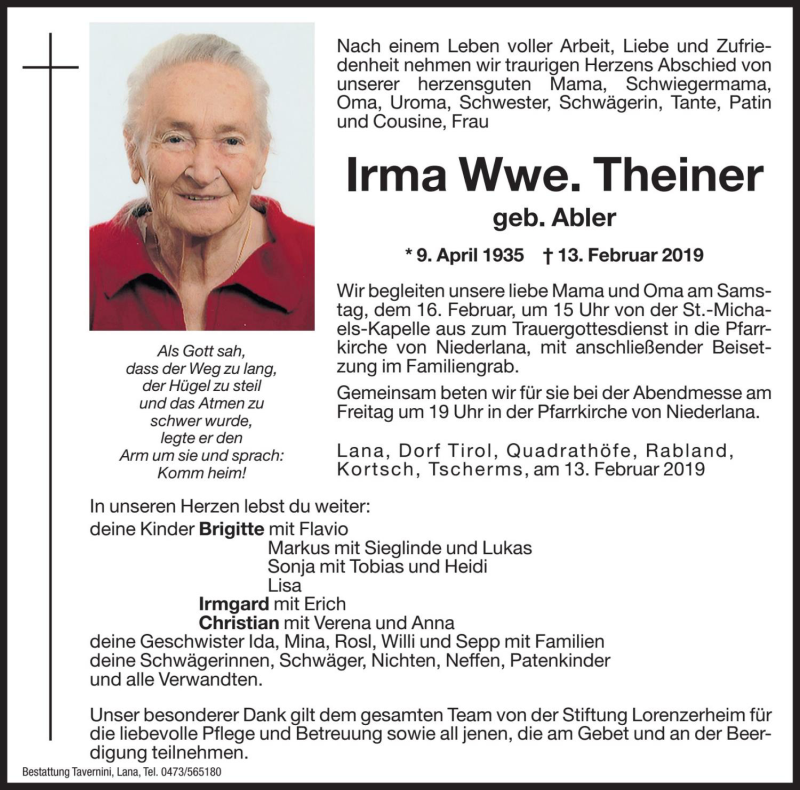  Traueranzeige für Irma Theiner vom 15.02.2019 aus Dolomiten