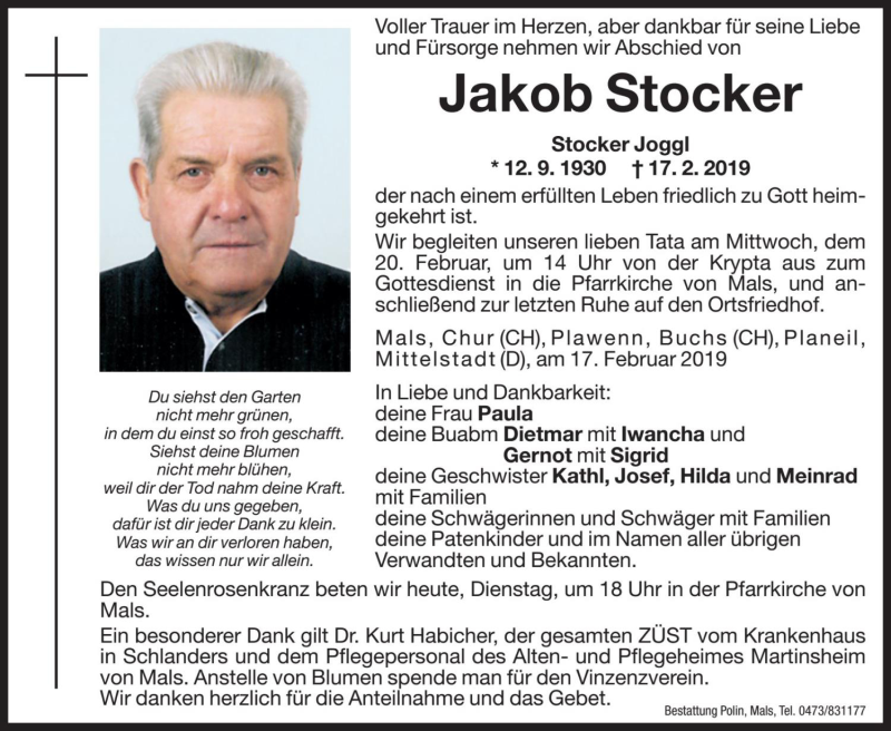  Traueranzeige für Jakob Stocker vom 19.02.2019 aus Dolomiten