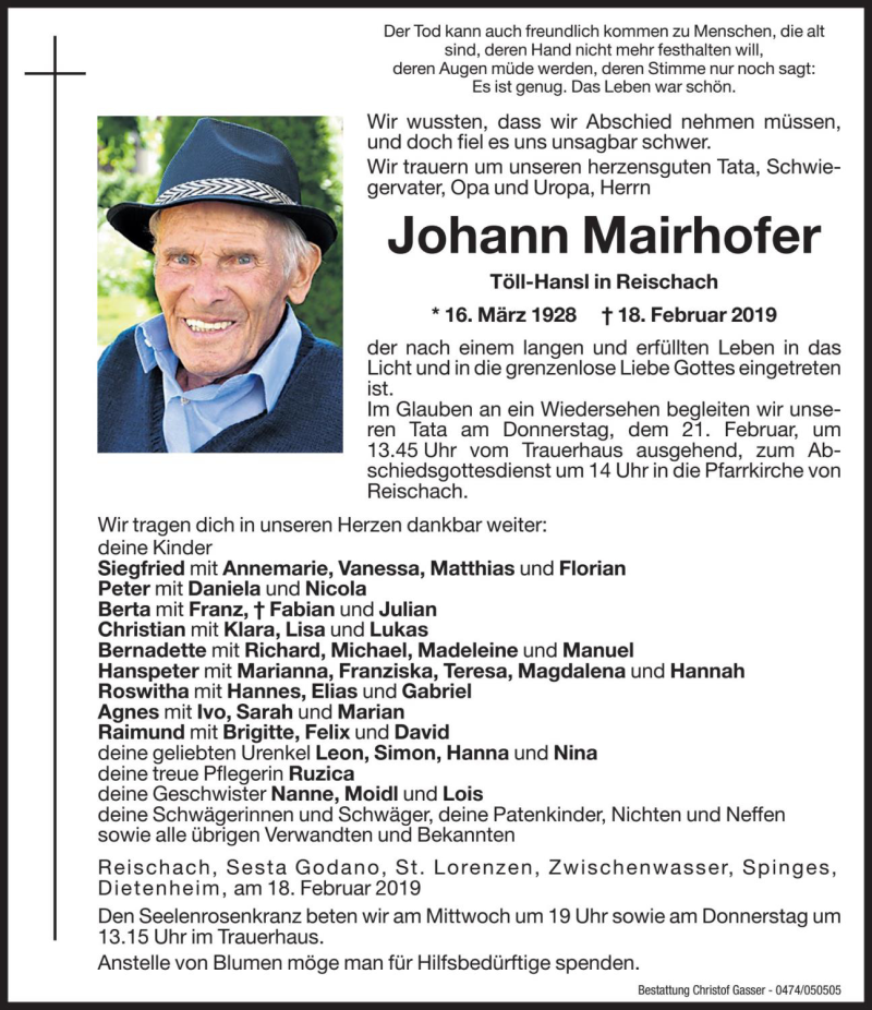  Traueranzeige für Johann Mairhofer vom 20.02.2019 aus Dolomiten