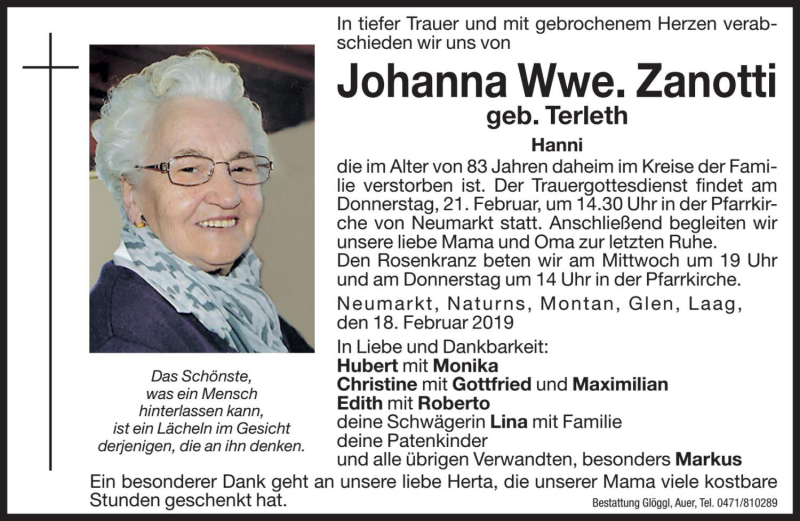  Traueranzeige für Johanna Zanotti vom 20.02.2019 aus Dolomiten