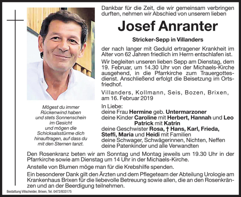  Traueranzeige für Josef Anranter vom 18.02.2019 aus Dolomiten