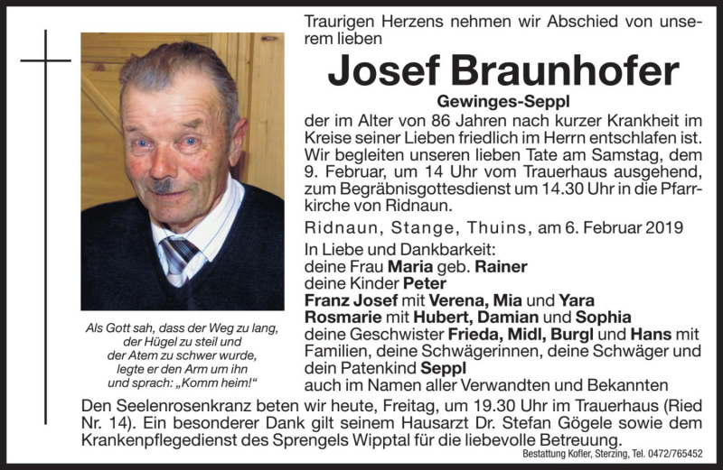  Traueranzeige für Josef Braunhofer vom 08.02.2019 aus Dolomiten