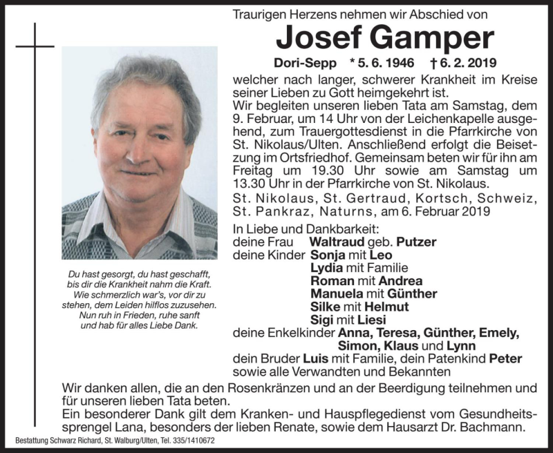  Traueranzeige für Josef Gamper vom 08.02.2019 aus Dolomiten