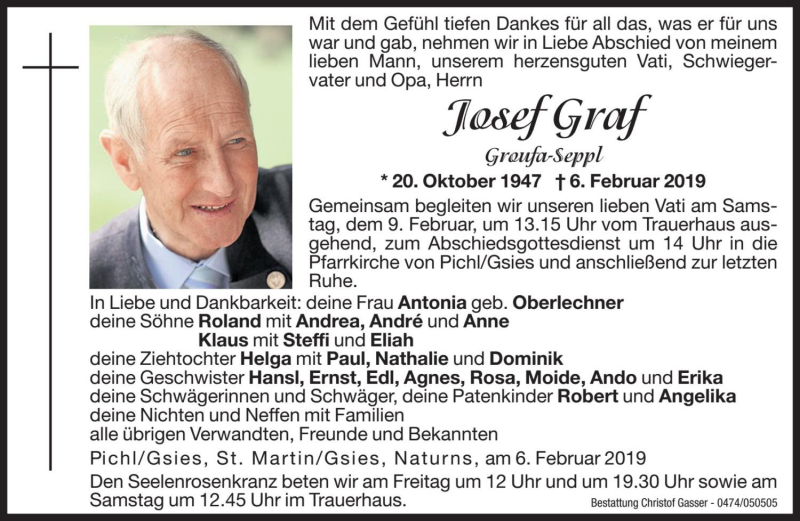  Traueranzeige für Josef Graf vom 08.02.2019 aus Dolomiten