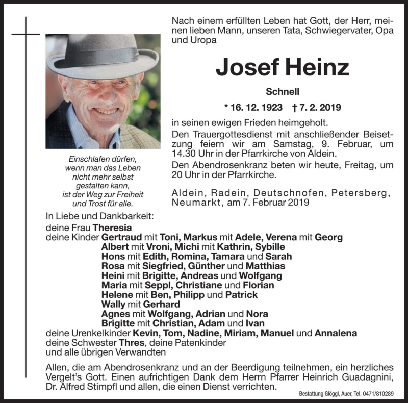  Traueranzeige für Josef Heinz vom 08.02.2019 aus Dolomiten