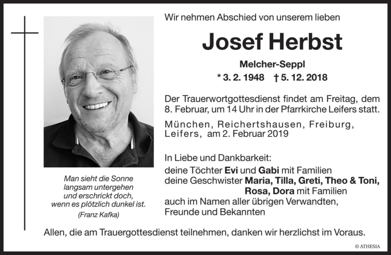  Traueranzeige für Josef Herbst vom 02.02.2019 aus Dolomiten