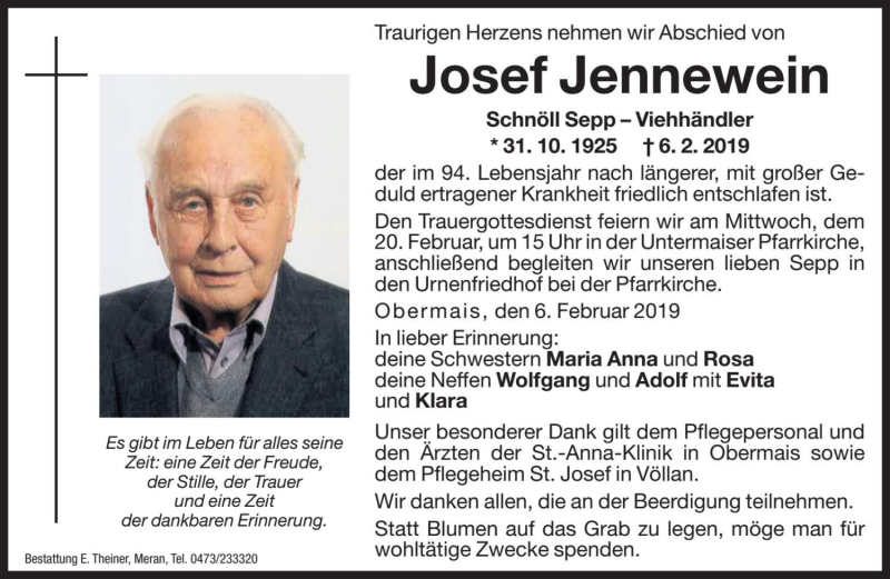  Traueranzeige für Josef Jennewein vom 15.02.2019 aus Dolomiten