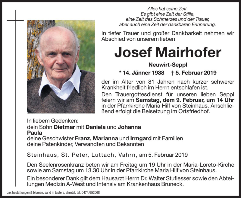  Traueranzeige für Josef Mairhofer vom 08.02.2019 aus Dolomiten